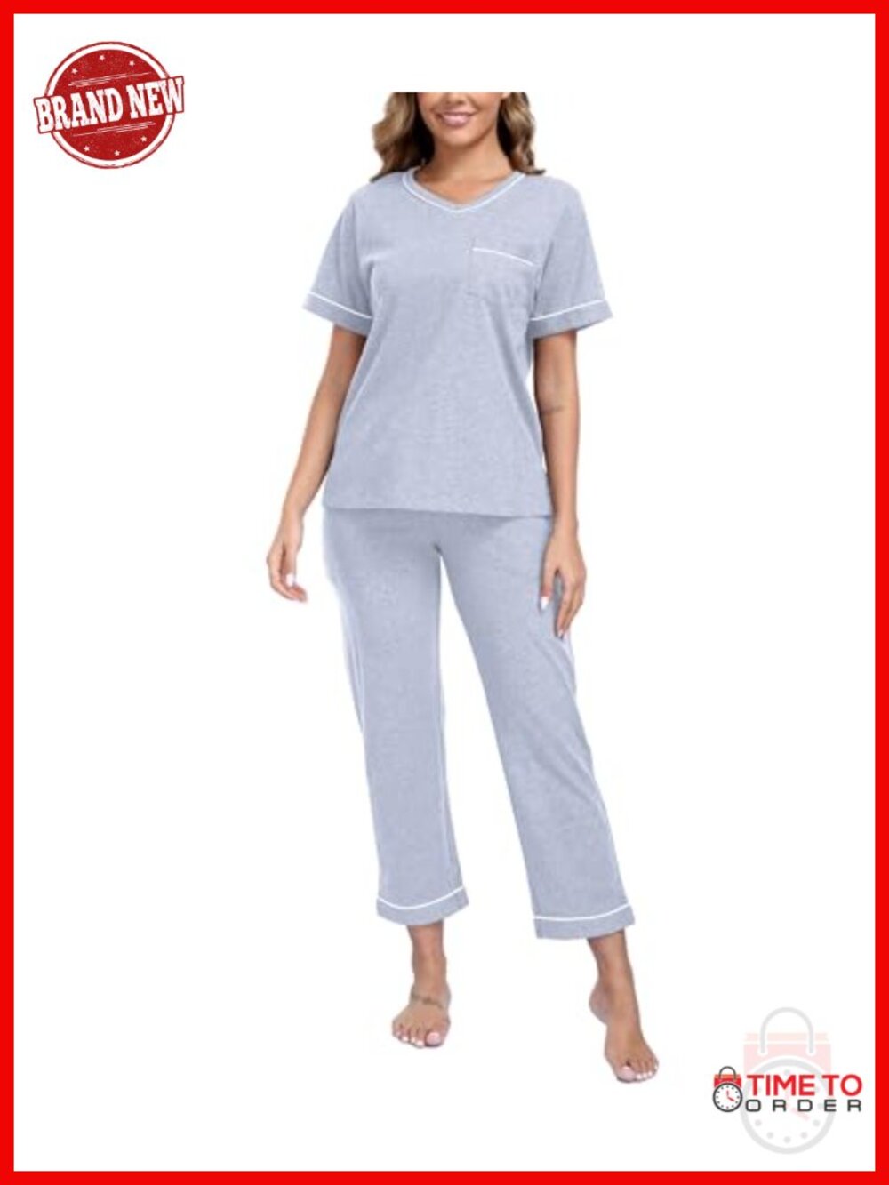 Women's 100% Cotton Pajama Set Short Sleeve V-Neck Top & Pants Lounge Sleepwear